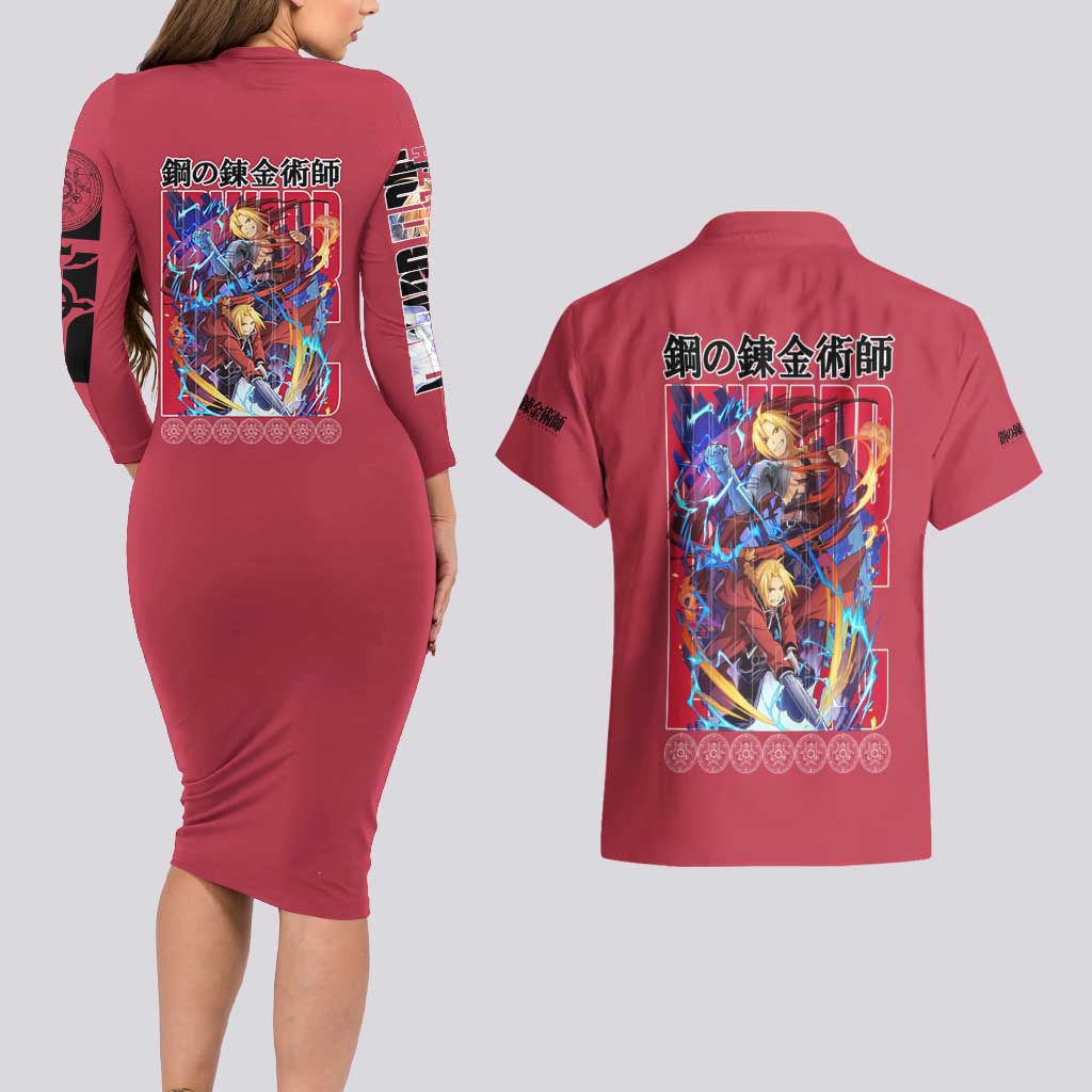Edward Elric Fullmetal Alchemist Couples Matching Long Sleeve Bodycon Dress and Hawaiian Shirt Anime Style