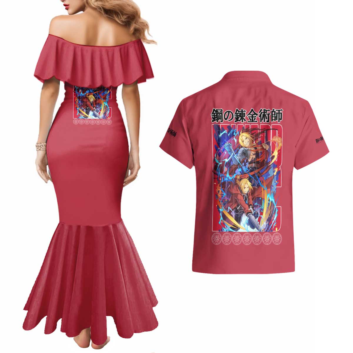 Edward Elric Fullmetal Alchemist Couples Matching Mermaid Dress and Hawaiian Shirt Anime Style