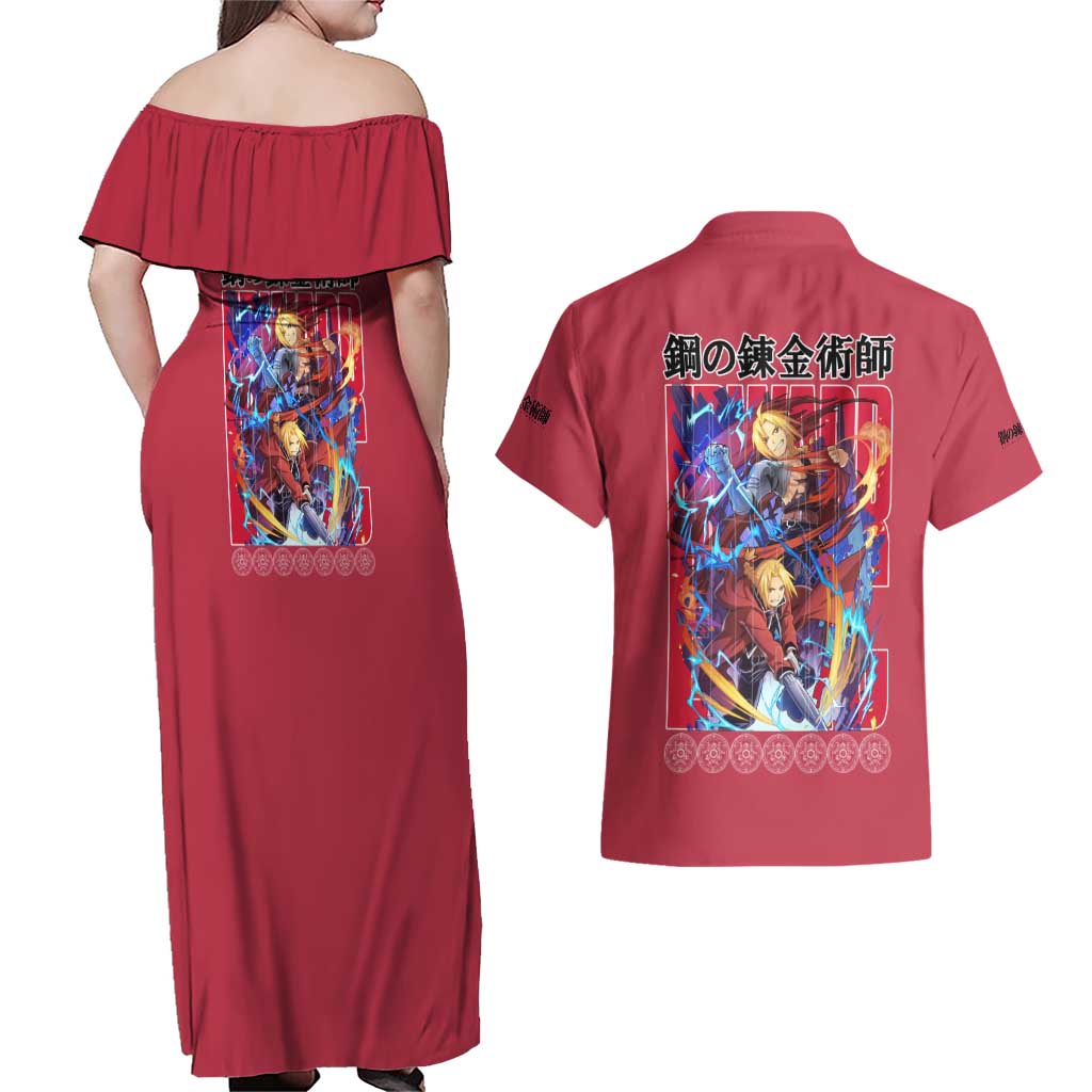 Edward Elric Fullmetal Alchemist Couples Matching Off Shoulder Maxi Dress and Hawaiian Shirt Anime Style