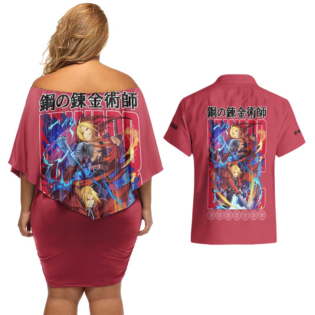 Edward Elric Fullmetal Alchemist Couples Matching Off Shoulder Short Dress and Hawaiian Shirt Anime Style