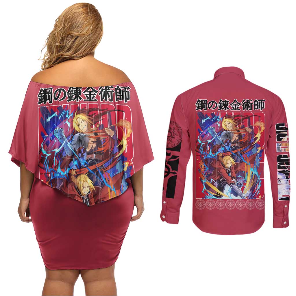 Edward Elric Fullmetal Alchemist Couples Matching Off Shoulder Short Dress and Long Sleeve Button Shirt Anime Style