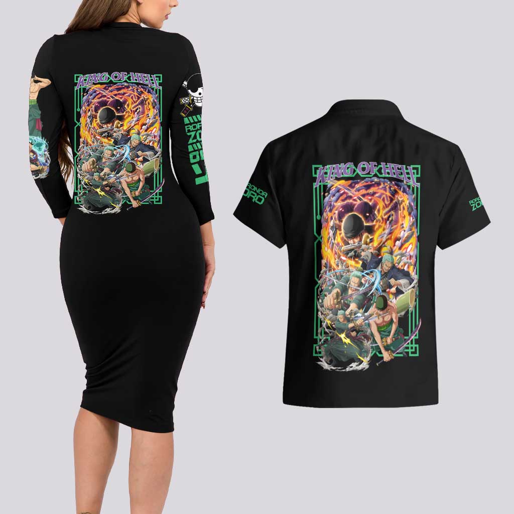Roronoa Zoro V4 One Piece Couples Matching Long Sleeve Bodycon Dress and Hawaiian Shirt Anime Style