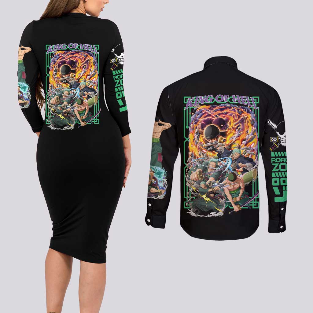 Roronoa Zoro V4 One Piece Couples Matching Long Sleeve Bodycon Dress and Long Sleeve Button Shirt Anime Style