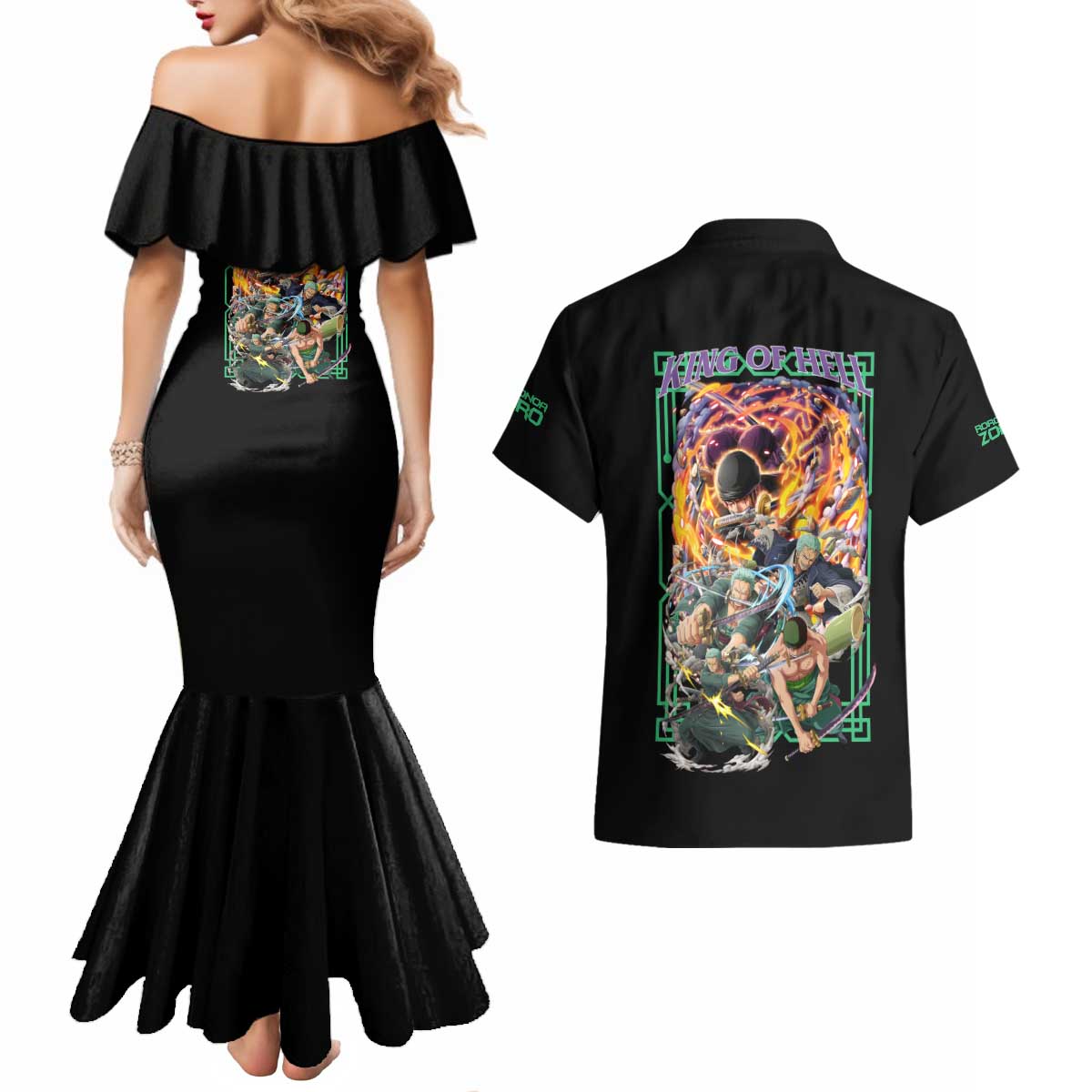 Roronoa Zoro V4 One Piece Couples Matching Mermaid Dress and Hawaiian Shirt Anime Style