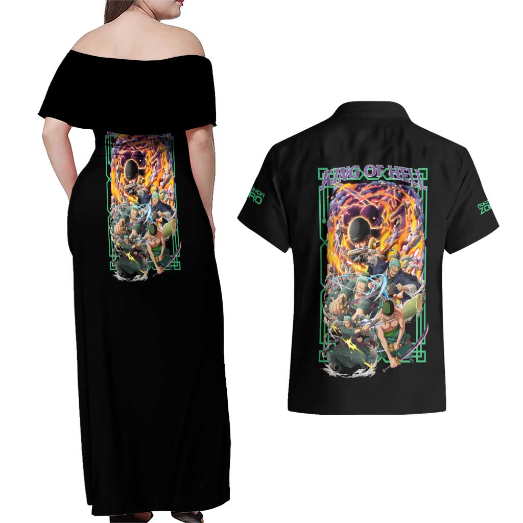 Roronoa Zoro V4 One Piece Couples Matching Off Shoulder Maxi Dress and Hawaiian Shirt Anime Style