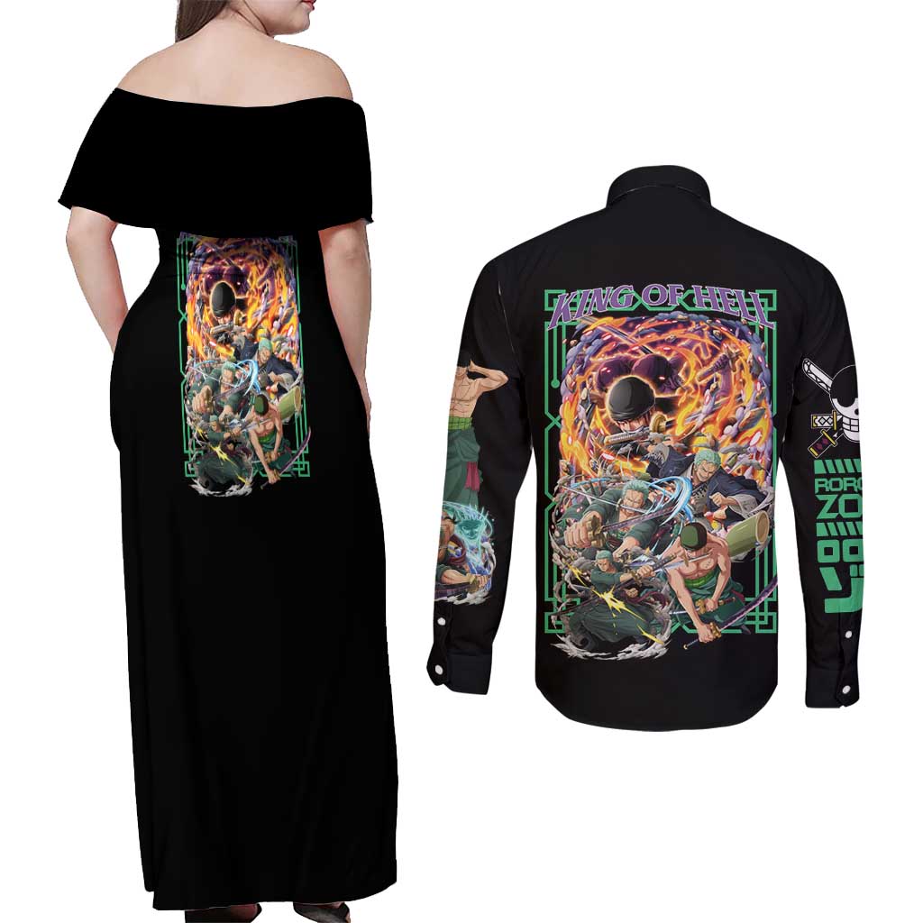 Roronoa Zoro V4 One Piece Couples Matching Off Shoulder Maxi Dress and Long Sleeve Button Shirt Anime Style