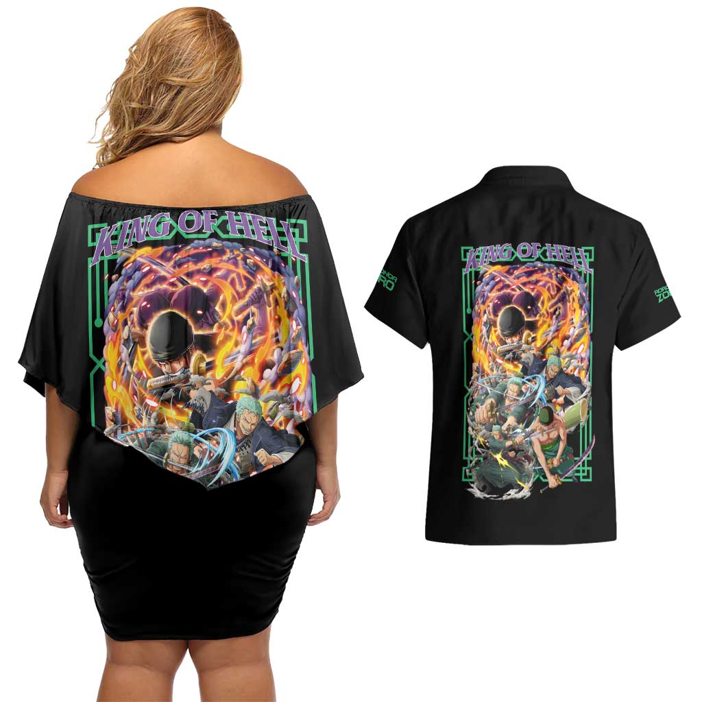 Roronoa Zoro V4 One Piece Couples Matching Off Shoulder Short Dress and Hawaiian Shirt Anime Style