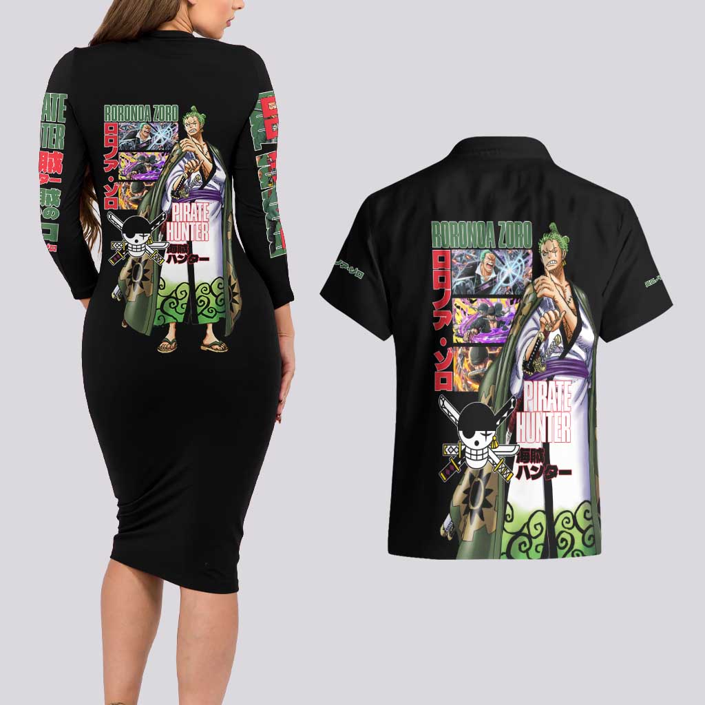 Roronoa Zoro V3 One Piece Couples Matching Long Sleeve Bodycon Dress and Hawaiian Shirt Anime Style