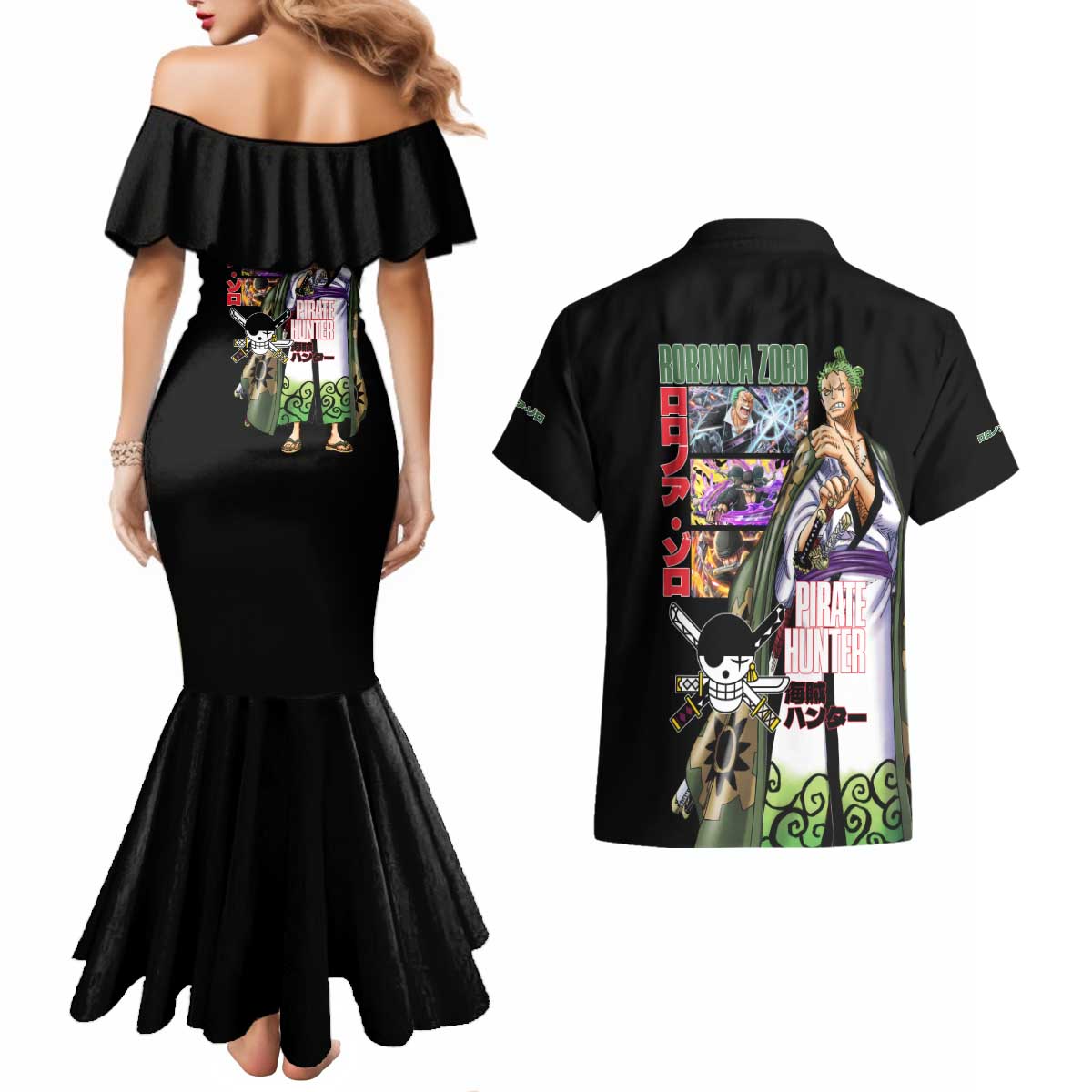 Roronoa Zoro V3 One Piece Couples Matching Mermaid Dress and Hawaiian Shirt Anime Style