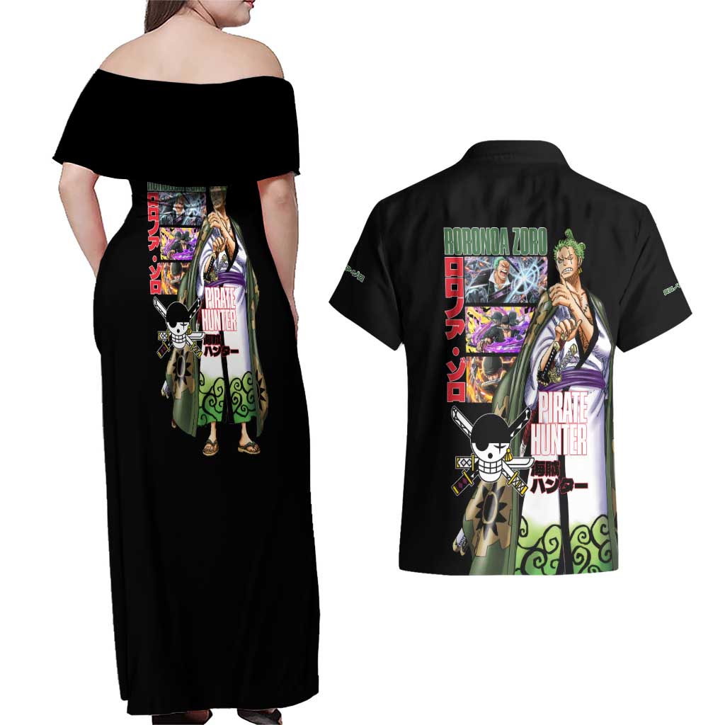 Roronoa Zoro V3 One Piece Couples Matching Off Shoulder Maxi Dress and Hawaiian Shirt Anime Style