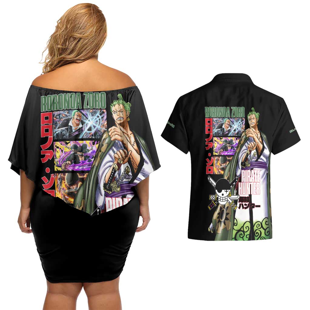 Roronoa Zoro V3 One Piece Couples Matching Off Shoulder Short Dress and Hawaiian Shirt Anime Style