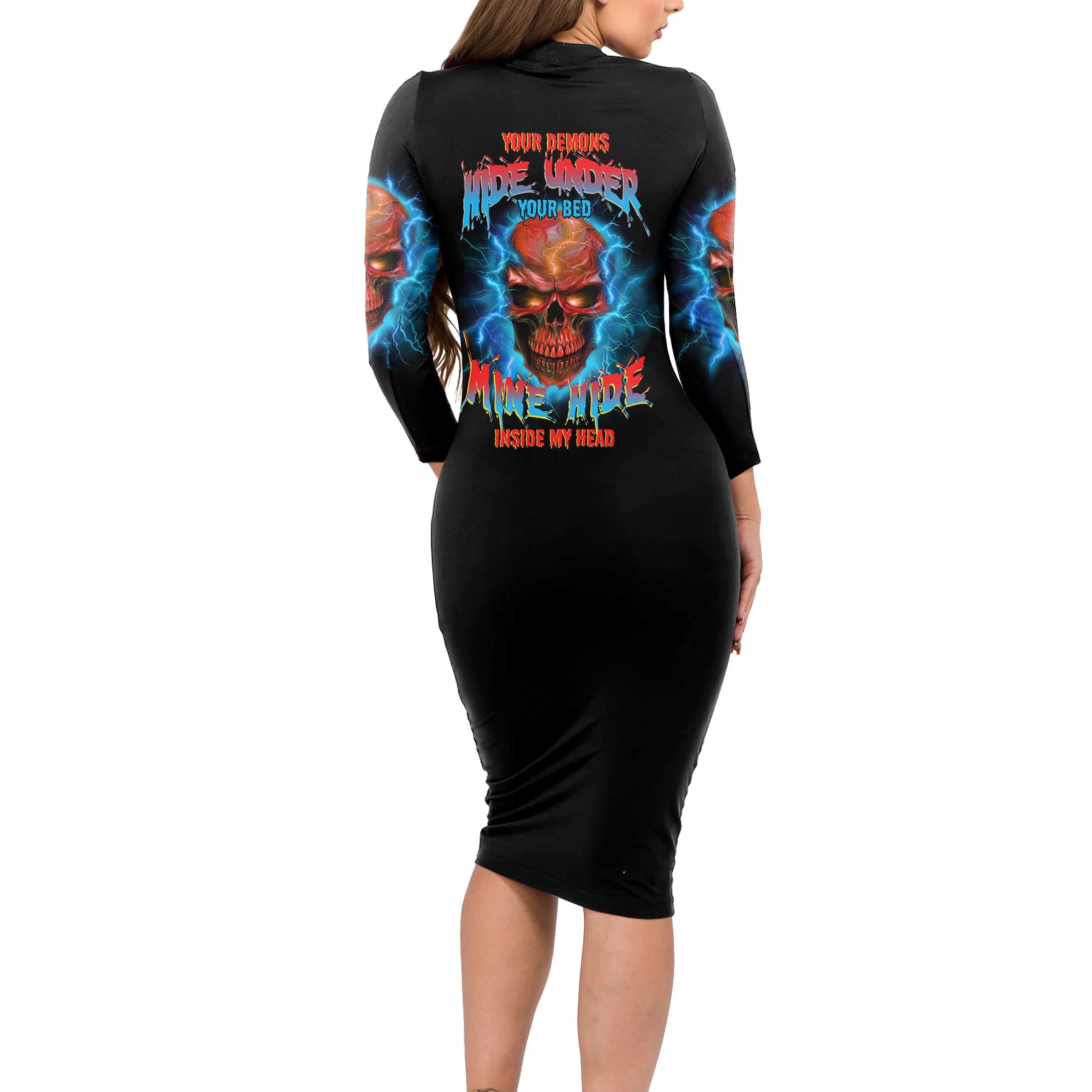 your-demons-hide-under-your-bed-thunder-skull-long-sleeve-bodycon-dress