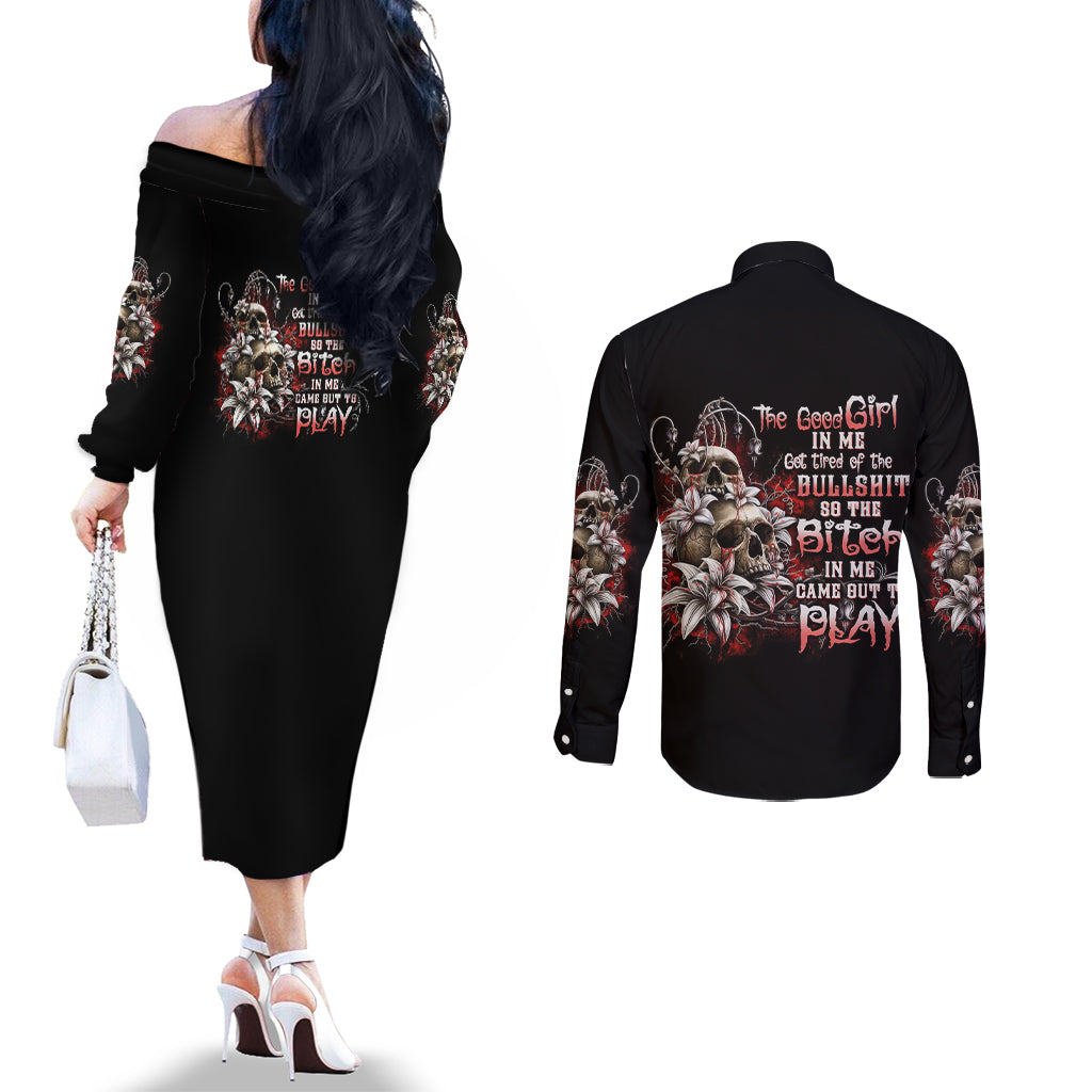the-good-girl-in-me-got-tired-skull-rose-couples-matching-off-the-shoulder-long-sleeve-dress-and-long-sleeve-button-shirt