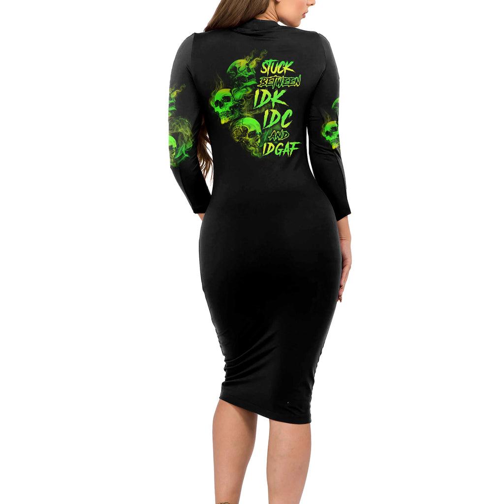 stuck-between-idk-idc-and-idgaf-skull-long-sleeve-bodycon-dress