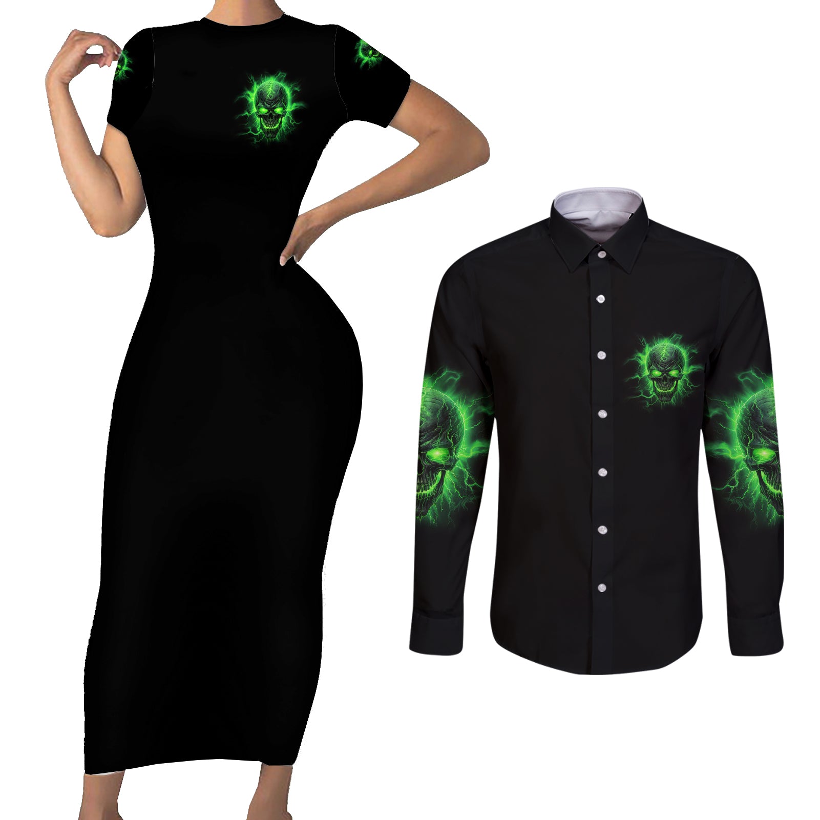 heaven-dont-want-me-mad-skull-couples-matching-short-sleeve-bodycon-dress-and-long-sleeve-button-shirt