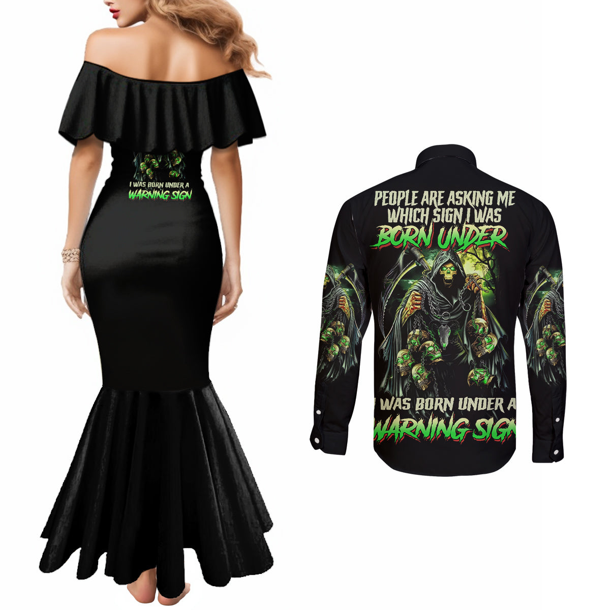 warning-sign-skull-reaper-couples-matching-mermaid-dress-and-long-sleeve-button-shirt