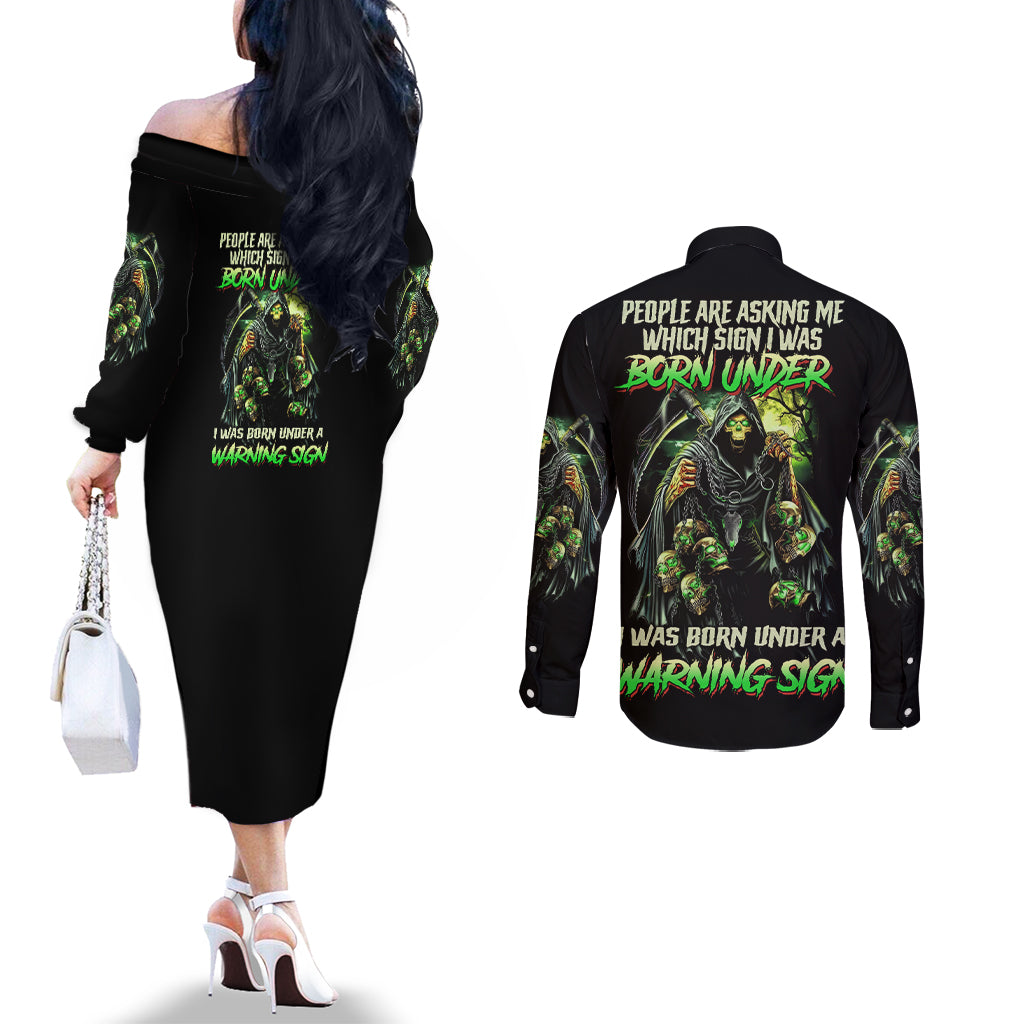 warning-sign-skull-reaper-couples-matching-off-the-shoulder-long-sleeve-dress-and-long-sleeve-button-shirt
