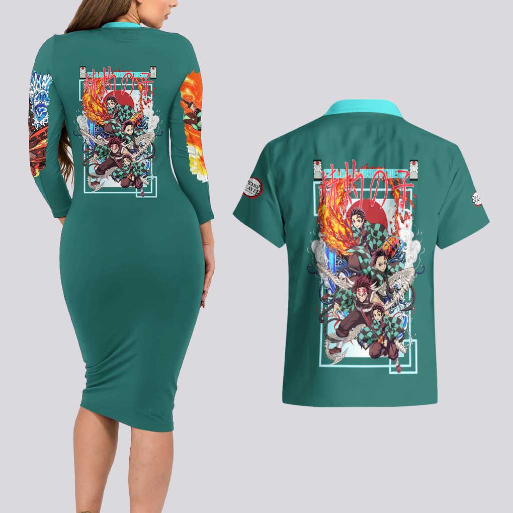 Kamado Tanjiro V2 Demon Slayer Couples Matching Long Sleeve Bodycon Dress and Hawaiian Shirt Japan Anime Style