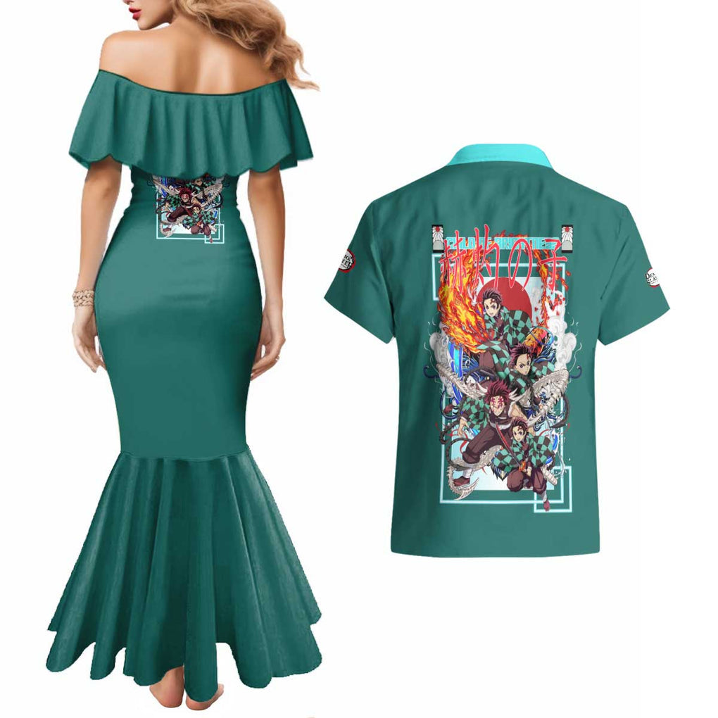Kamado Tanjiro V2 Demon Slayer Couples Matching Mermaid Dress and Hawaiian Shirt Japan Anime Style