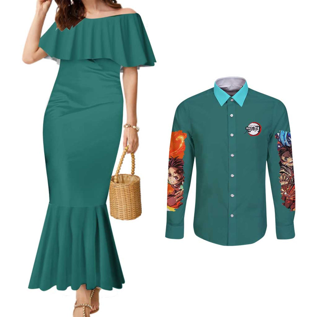 Kamado Tanjiro V2 Demon Slayer Couples Matching Mermaid Dress and Long Sleeve Button Shirt Japan Anime Style