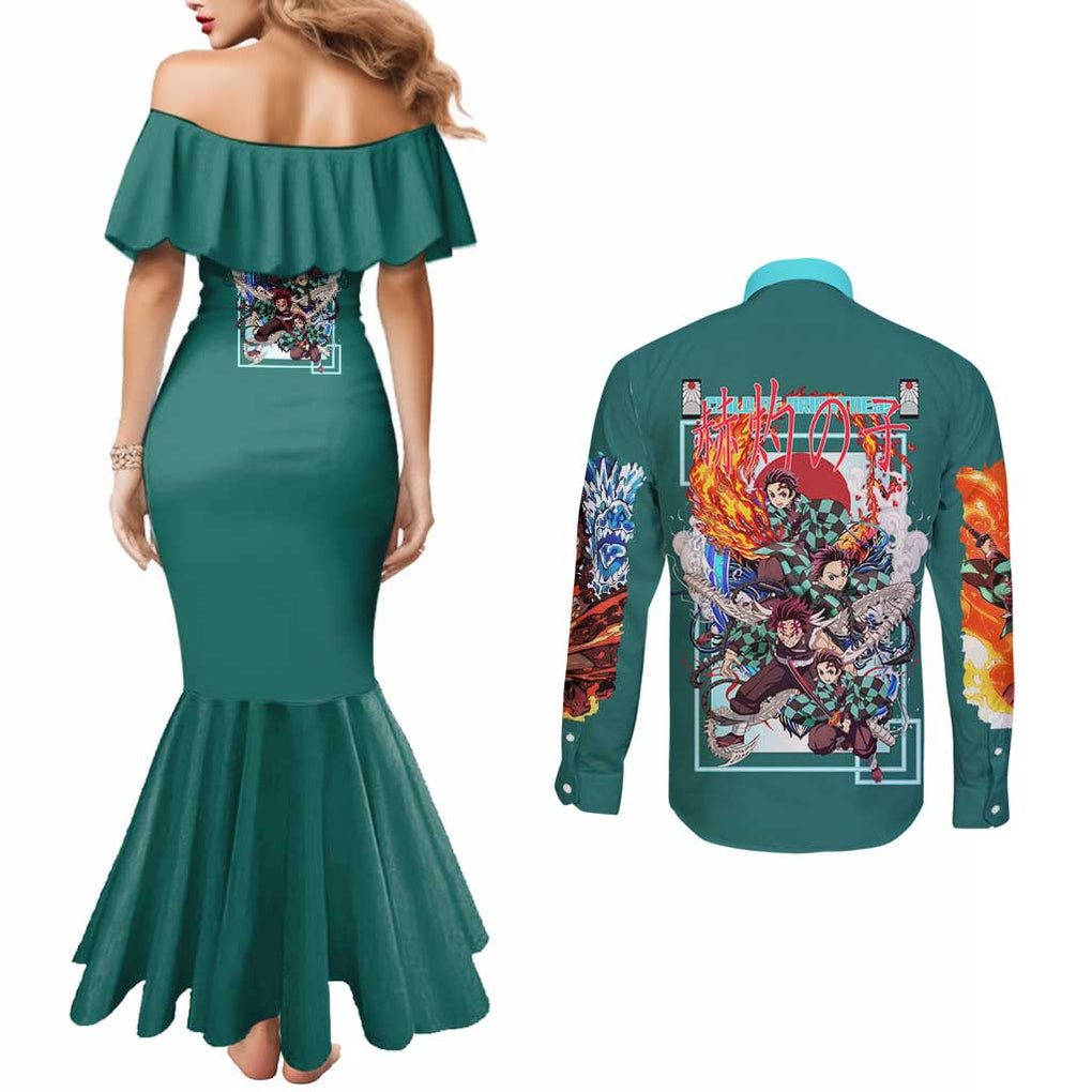 Kamado Tanjiro V2 Demon Slayer Couples Matching Mermaid Dress and Long Sleeve Button Shirt Japan Anime Style