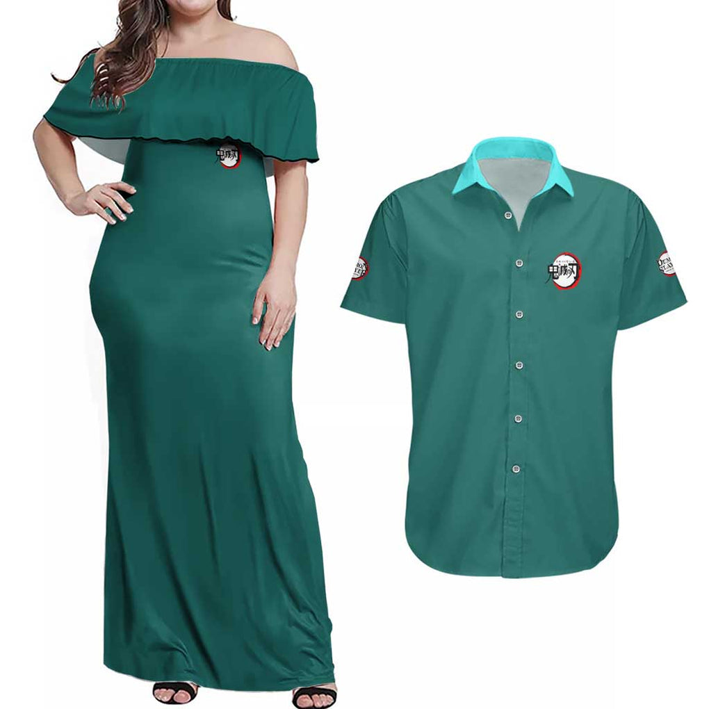 Kamado Tanjiro V2 Demon Slayer Couples Matching Off Shoulder Maxi Dress and Hawaiian Shirt Japan Anime Style