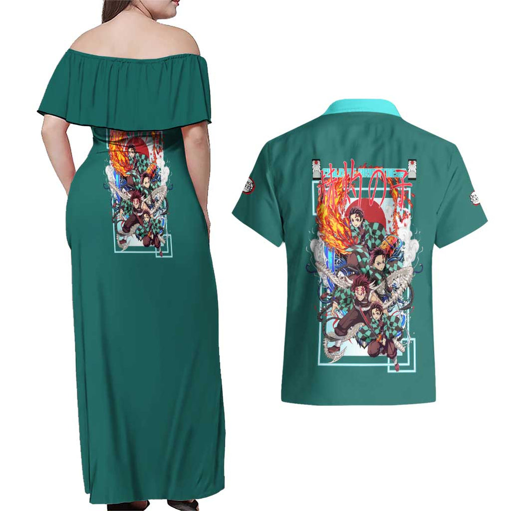 Kamado Tanjiro V2 Demon Slayer Couples Matching Off Shoulder Maxi Dress and Hawaiian Shirt Japan Anime Style