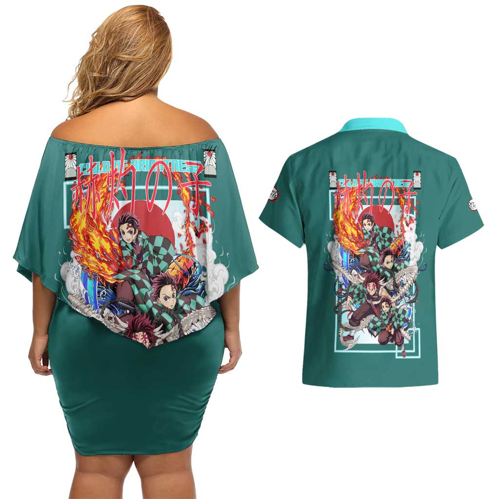 Kamado Tanjiro V2 Demon Slayer Couples Matching Off Shoulder Short Dress and Hawaiian Shirt Japan Anime Style