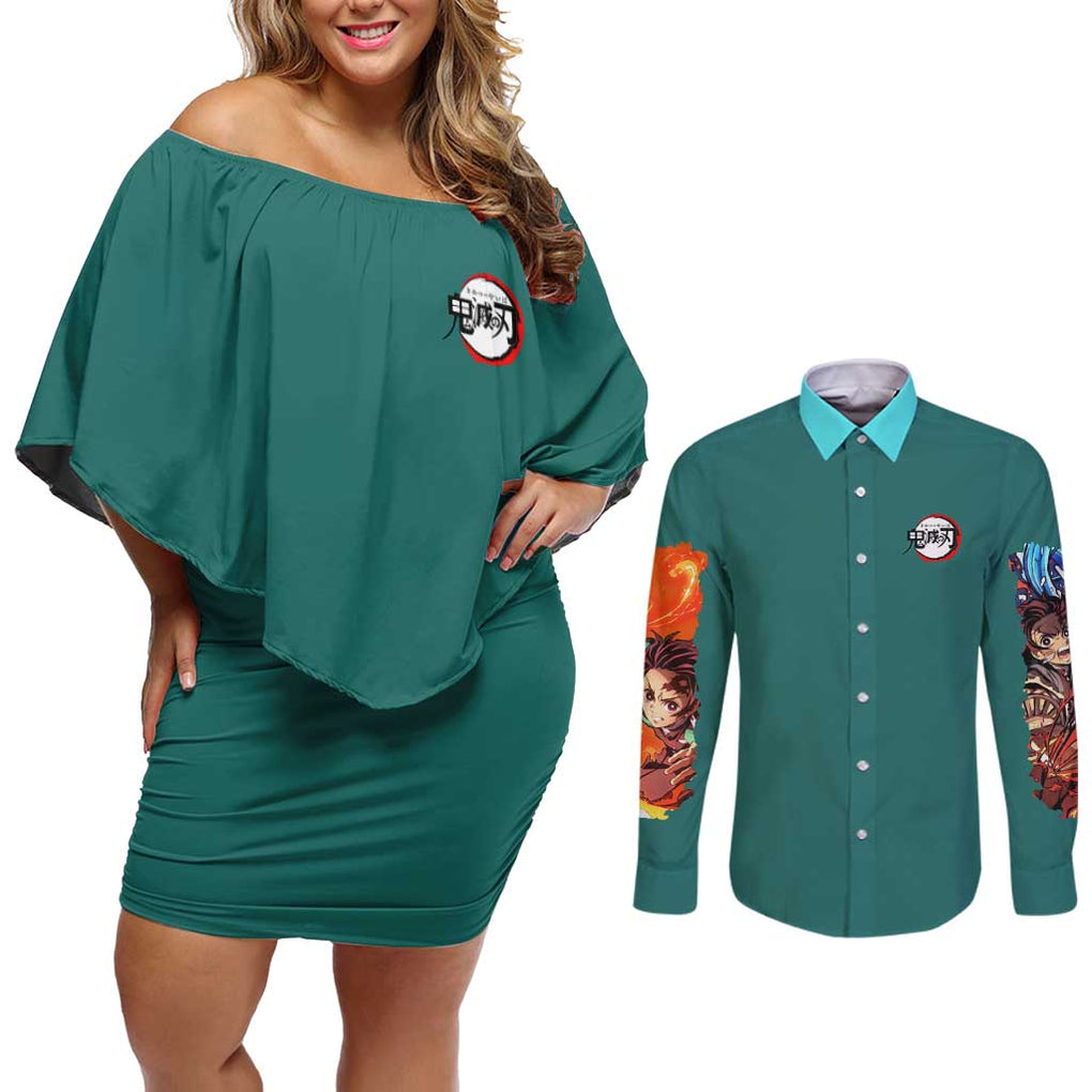 Kamado Tanjiro V2 Demon Slayer Couples Matching Off Shoulder Short Dress and Long Sleeve Button Shirt Japan Anime Style