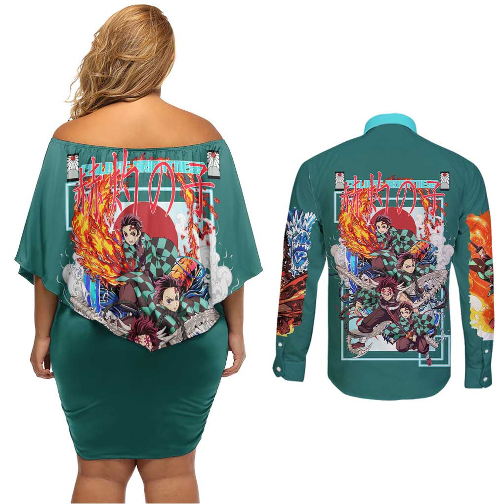 Kamado Tanjiro V2 Demon Slayer Couples Matching Off Shoulder Short Dress and Long Sleeve Button Shirt Japan Anime Style