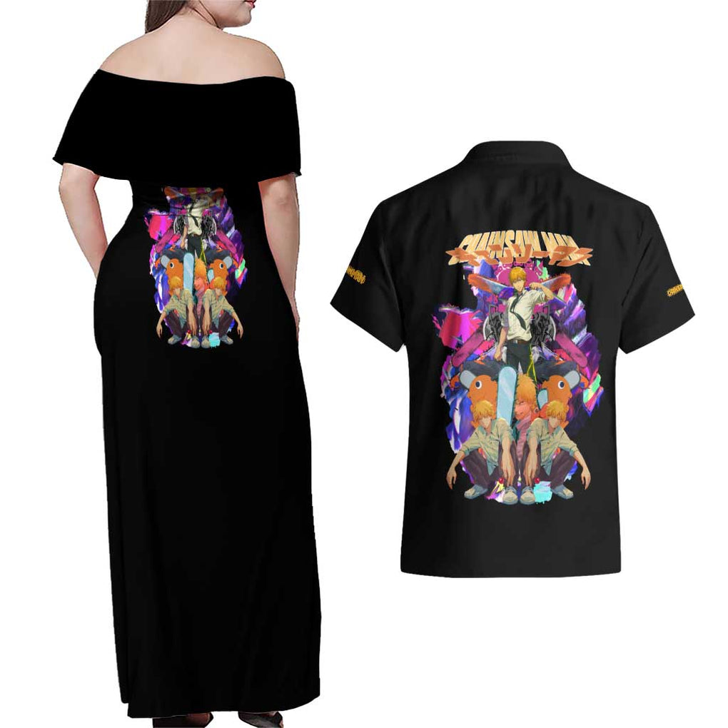 Denji V5 Chainsaw Man Couples Matching Off Shoulder Maxi Dress and Hawaiian Shirt Japan Anime Style