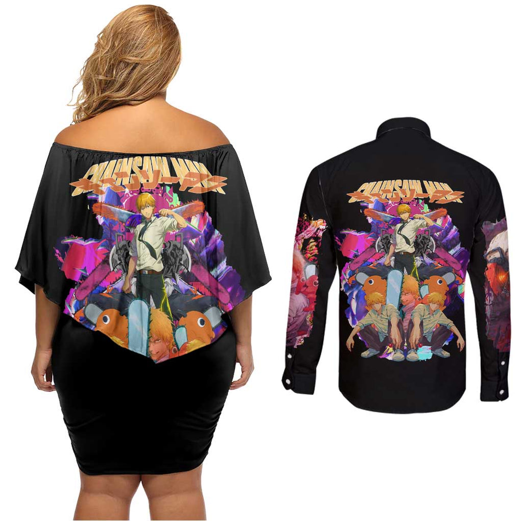Denji V5 Chainsaw Man Couples Matching Off Shoulder Short Dress and Long Sleeve Button Shirt Japan Anime Style