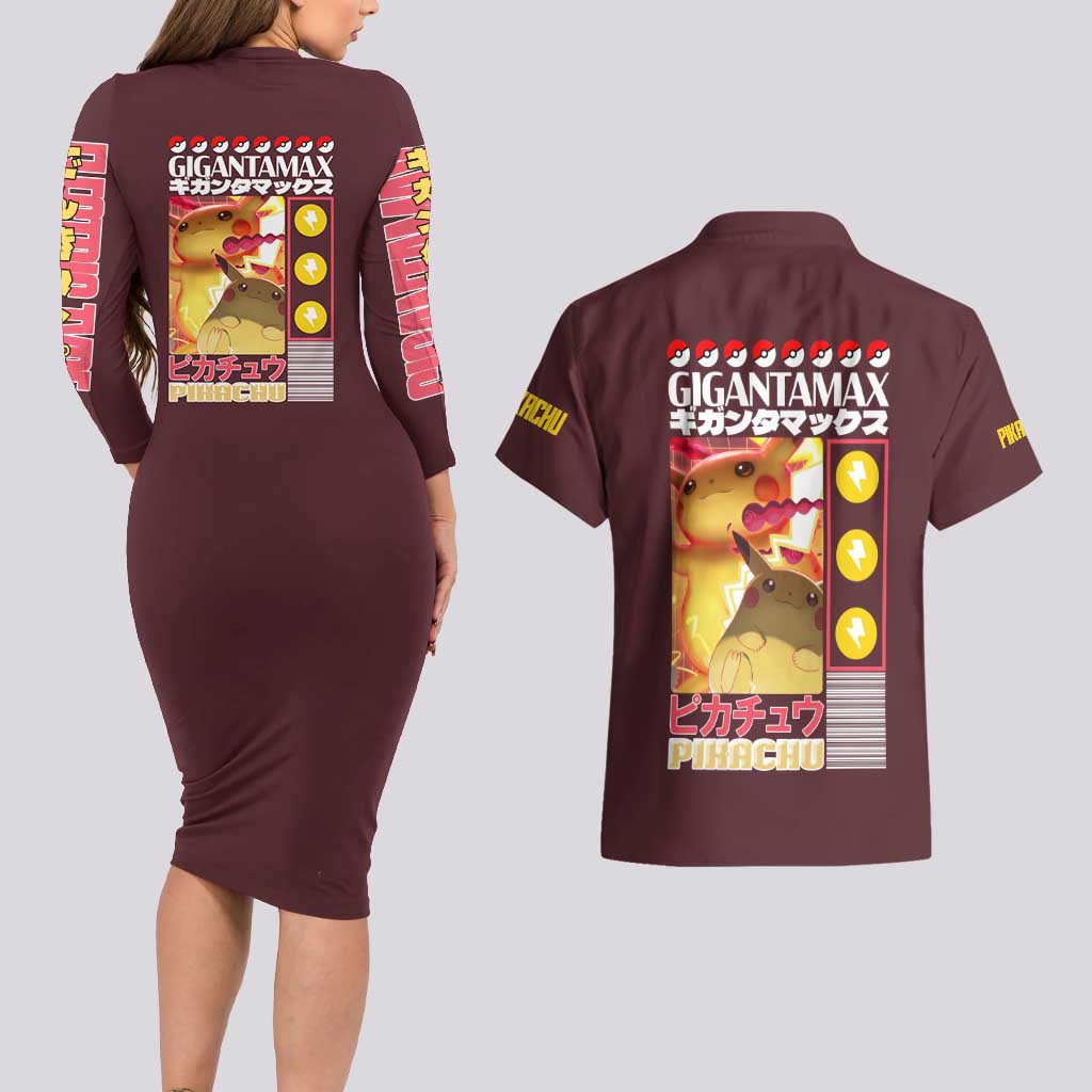 Gigantamax Pikachu Poke Couples Matching Long Sleeve Bodycon Dress and Hawaiian Shirt Japan Anime Style - The Mazicc