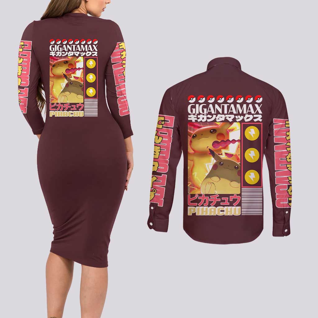 Gigantamax Pikachu Poke Couples Matching Long Sleeve Bodycon Dress and Long Sleeve Button Shirt Japan Anime Style - The Mazicc