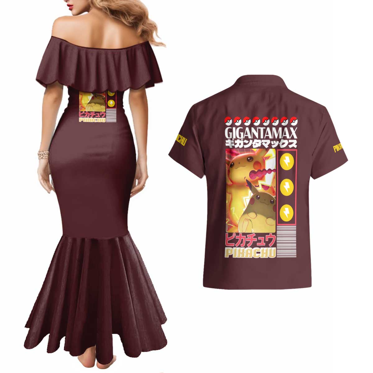Gigantamax Pikachu Poke Couples Matching Mermaid Dress and Hawaiian Shirt Japan Anime Style - The Mazicc