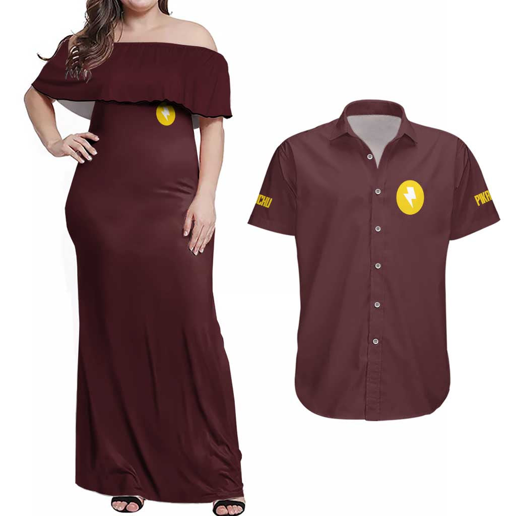 Gigantamax Pikachu Poke Couples Matching Off Shoulder Maxi Dress and Hawaiian Shirt Japan Anime Style - The Mazicc