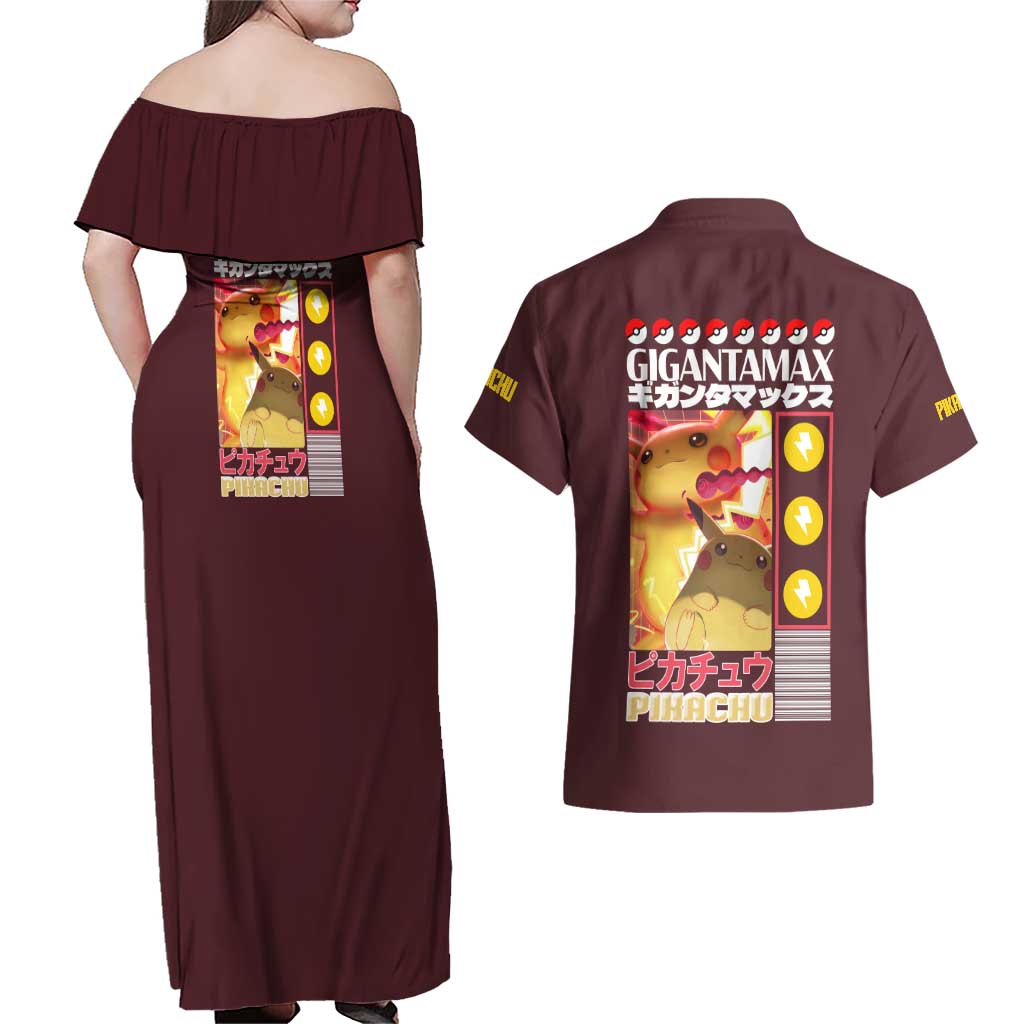 Gigantamax Pikachu Poke Couples Matching Off Shoulder Maxi Dress and Hawaiian Shirt Japan Anime Style - The Mazicc
