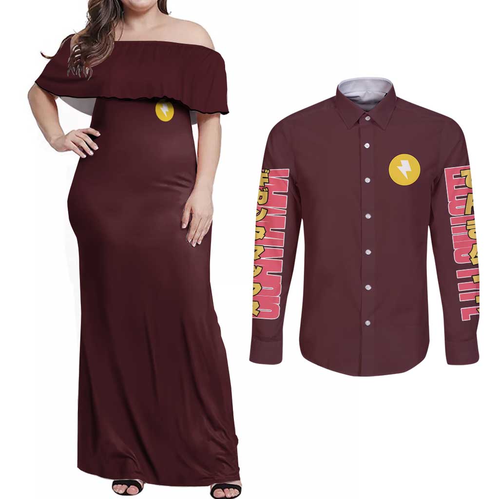 Gigantamax Pikachu Poke Couples Matching Off Shoulder Maxi Dress and Long Sleeve Button Shirt Japan Anime Style - The Mazicc