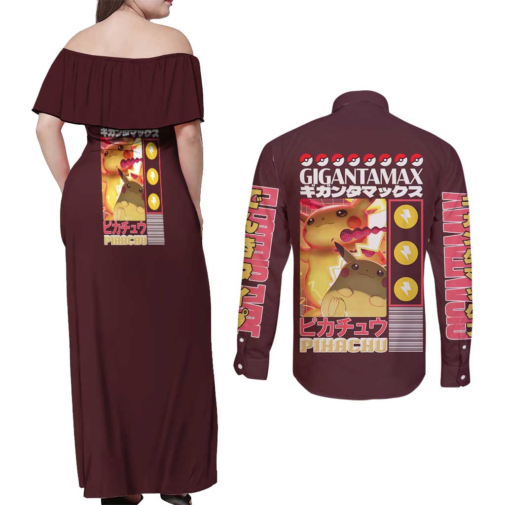 Gigantamax Pikachu Poke Couples Matching Off Shoulder Maxi Dress and Long Sleeve Button Shirt Japan Anime Style - The Mazicc