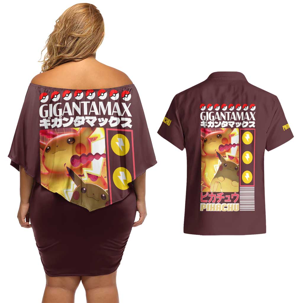 Gigantamax Pikachu Poke Couples Matching Off Shoulder Short Dress and Hawaiian Shirt Japan Anime Style - The Mazicc