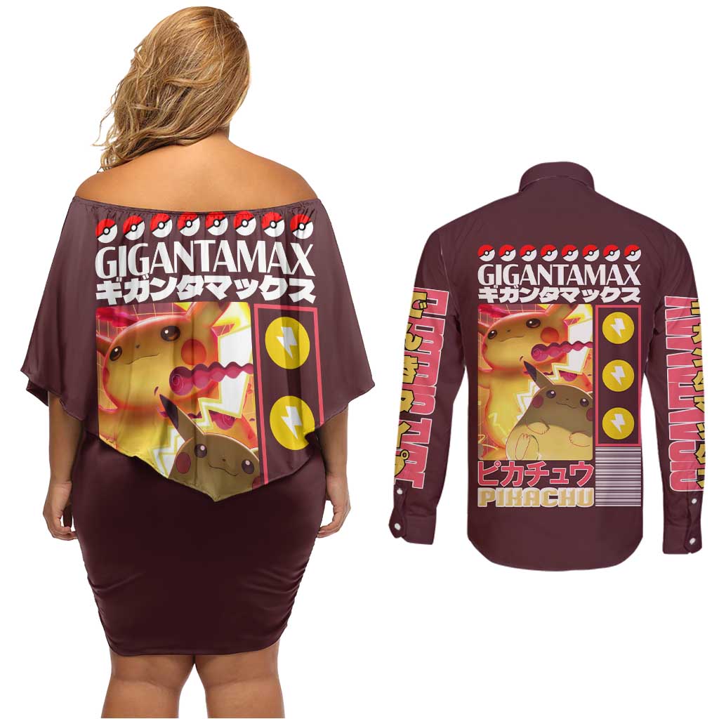 Gigantamax Pikachu Poke Couples Matching Off Shoulder Short Dress and Long Sleeve Button Shirt Japan Anime Style - The Mazicc
