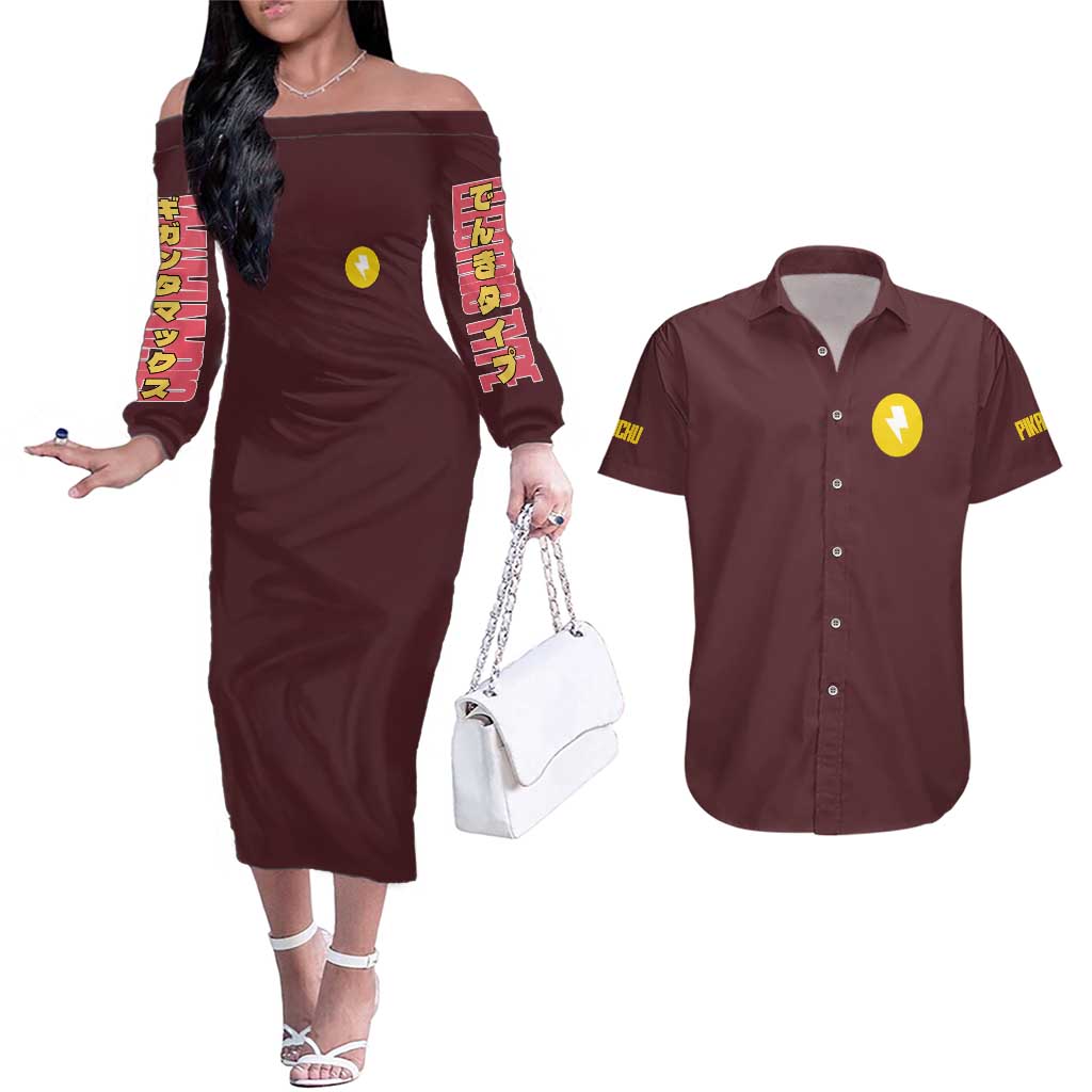 Gigantamax Pikachu Poke Couples Matching Off The Shoulder Long Sleeve Dress and Hawaiian Shirt Japan Anime Style - The Mazicc
