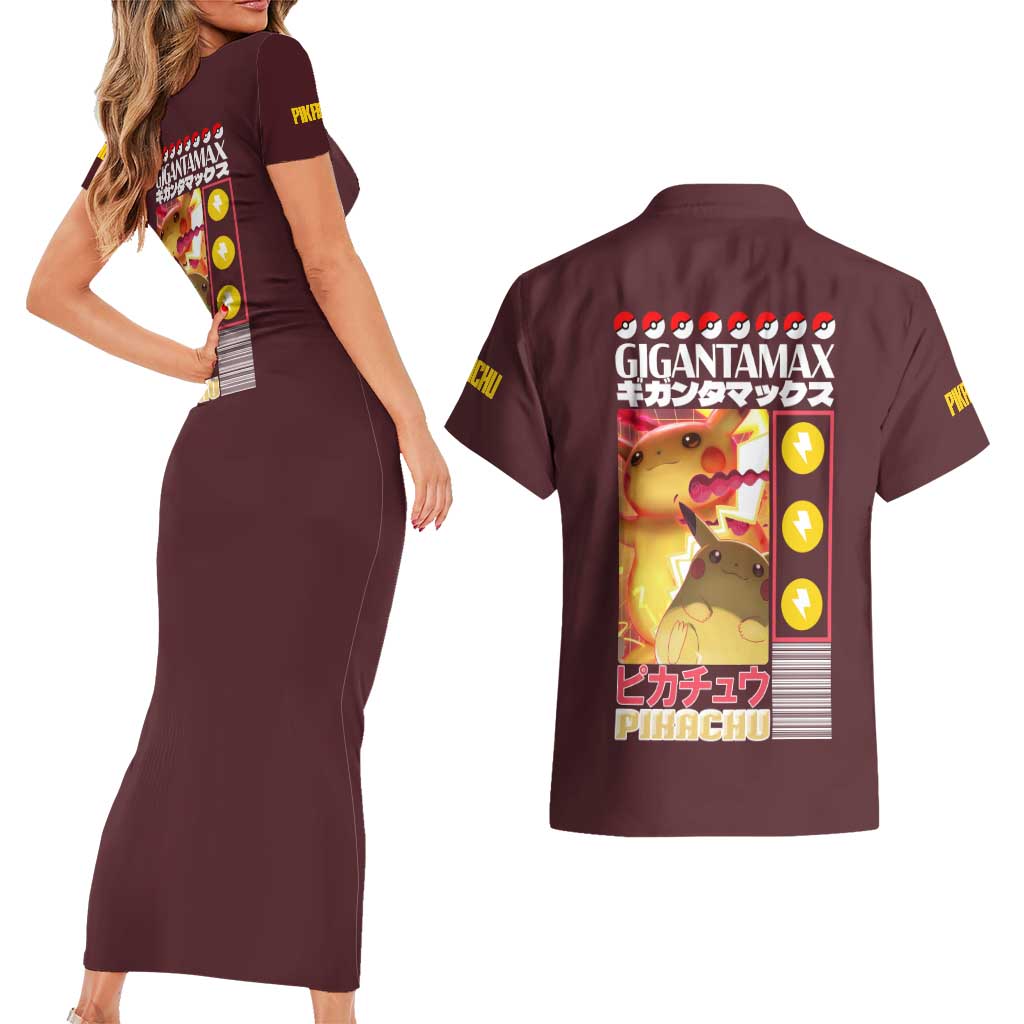 Gigantamax Pikachu Poke Couples Matching Short Sleeve Bodycon Dress and Hawaiian Shirt Japan Anime Style - The Mazicc