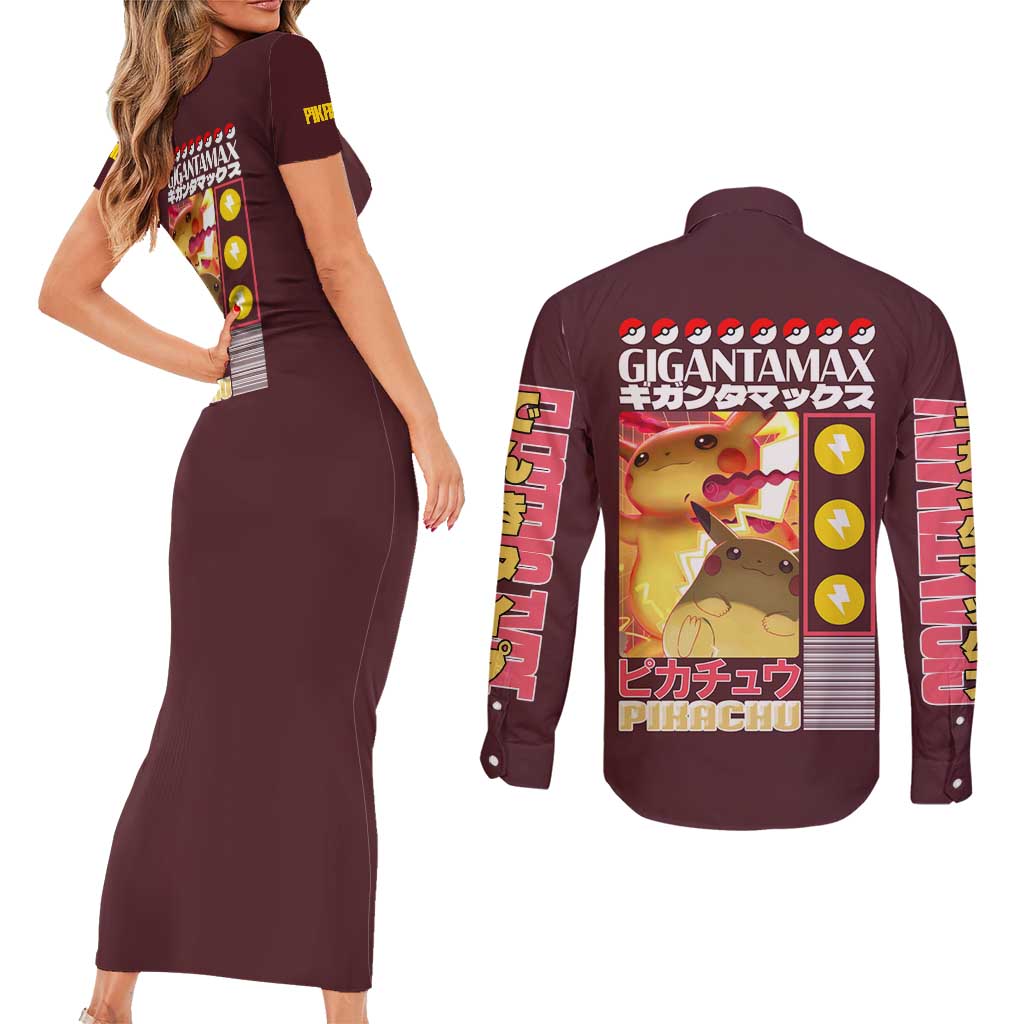 Gigantamax Pikachu Poke Couples Matching Short Sleeve Bodycon Dress and Long Sleeve Button Shirt Japan Anime Style - The Mazicc