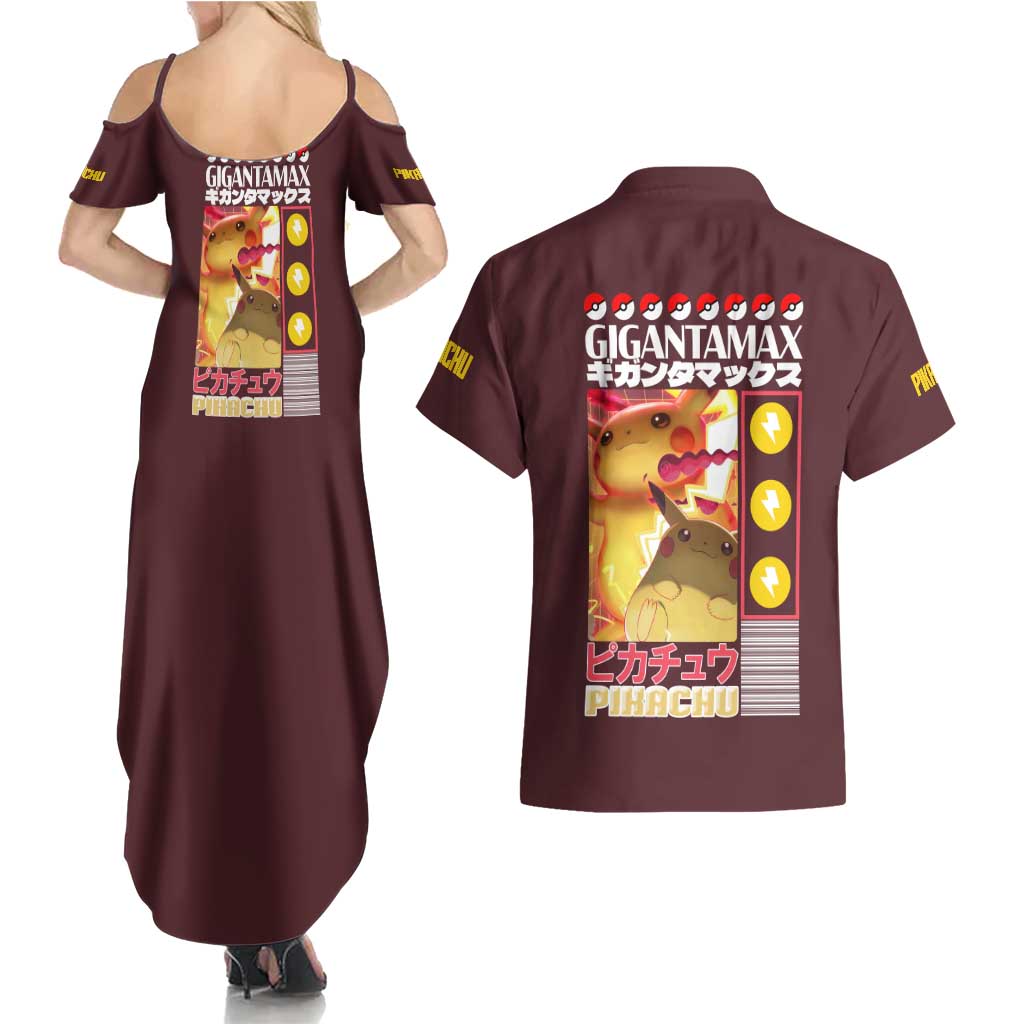 Gigantamax Pikachu Poke Couples Matching Summer Maxi Dress and Hawaiian Shirt Japan Anime Style - The Mazicc
