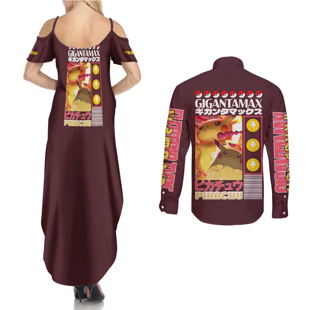 Gigantamax Pikachu Poke Couples Matching Summer Maxi Dress and Long Sleeve Button Shirt Japan Anime Style - The Mazicc