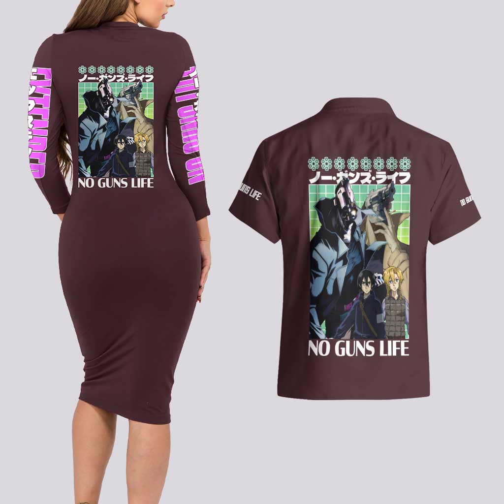 No Guns Life Couples Matching Long Sleeve Bodycon Dress and Hawaiian Shirt Japan Anime Style - The Mazicc