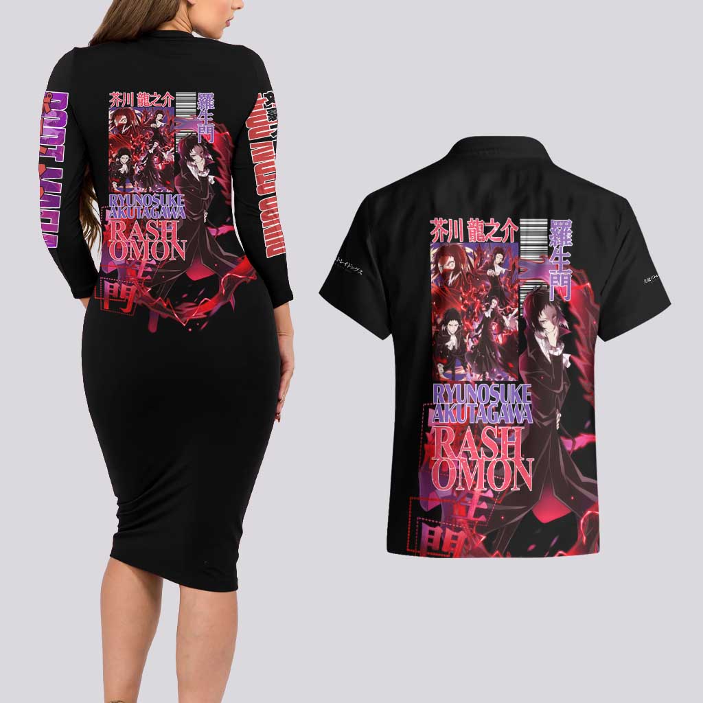 Ryunosuke Akutagawa Bungou Stray Dogs Couples Matching Long Sleeve Bodycon Dress and Hawaiian Shirt Japan Anime Style - The Mazicc
