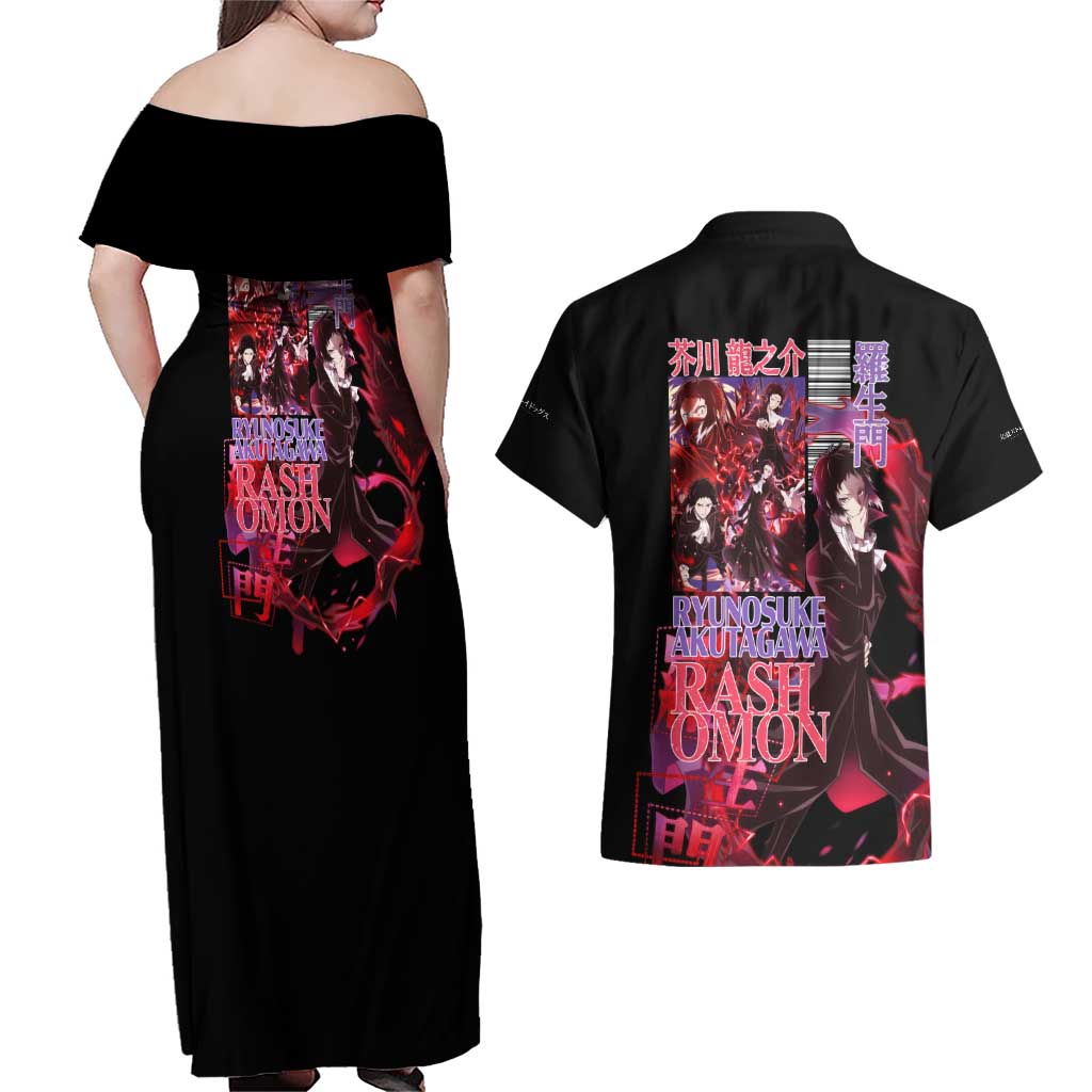Ryunosuke Akutagawa Bungou Stray Dogs Couples Matching Off Shoulder Maxi Dress and Hawaiian Shirt Japan Anime Style - The Mazicc