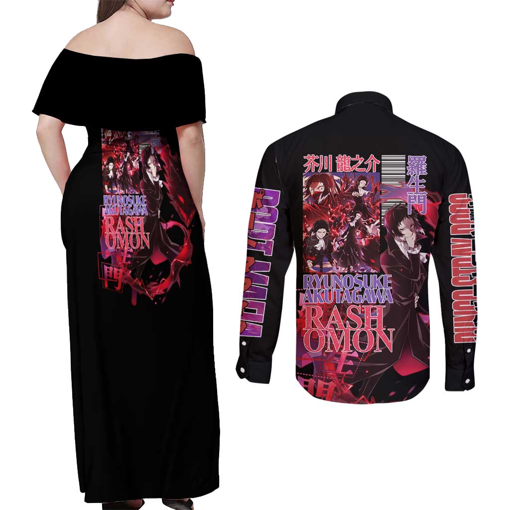 Ryunosuke Akutagawa Bungou Stray Dogs Couples Matching Off Shoulder Maxi Dress and Long Sleeve Button Shirt Japan Anime Style - The Mazicc